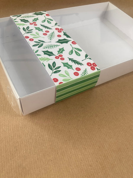 HOLLY & BERRIES CLEAR LID GIFT BOX 240x155x30mm