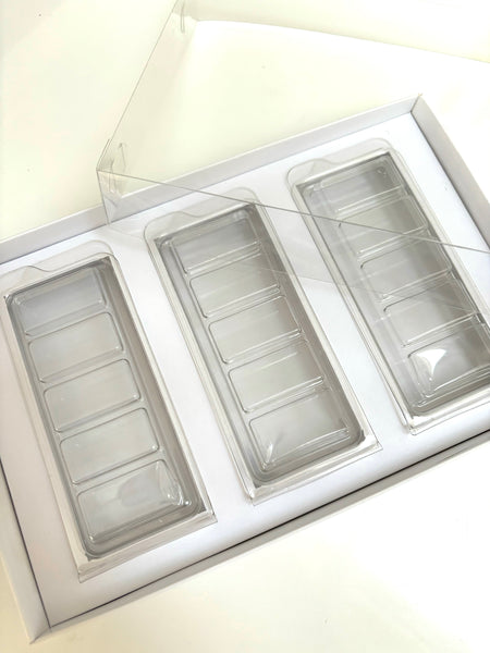 3 CLAMSHELL WAX Melt BOX CLEAR LID VARIOUS DESIGNS 240x155x30mm