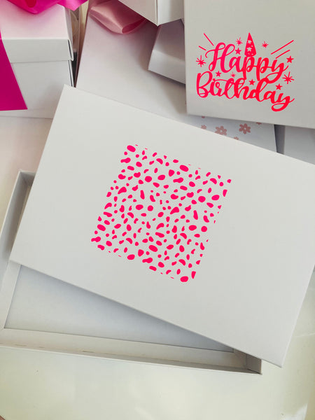 NEON PINK DALMATION SPOT SOLID WHITE LID GIFT BOX BLANK 240x155x30mm