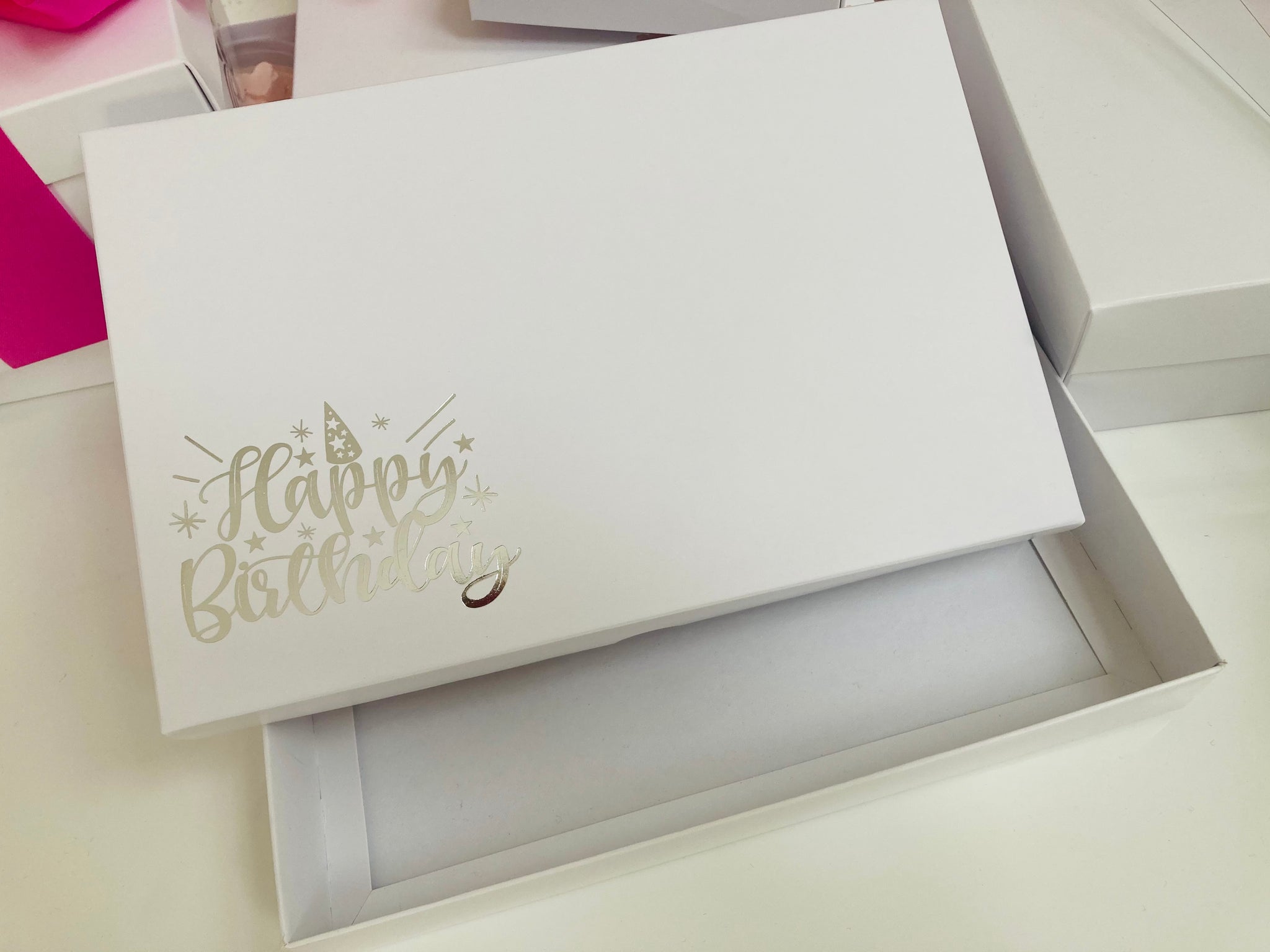 SILVER HAPPY BIRTHDAY SOLID WHITE LID GIFT BOX BLANK 240x155x30mm